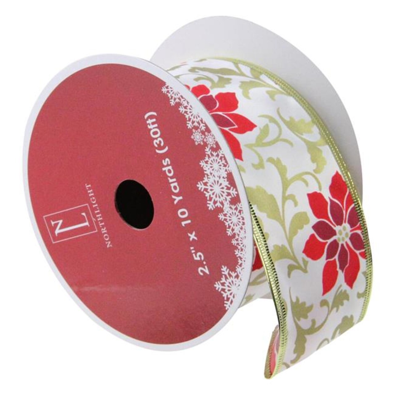 Northlight 32621179 2.5 x 10 Yards Red Poinsettia Print Gold Wired Christmas Craft Ribbon